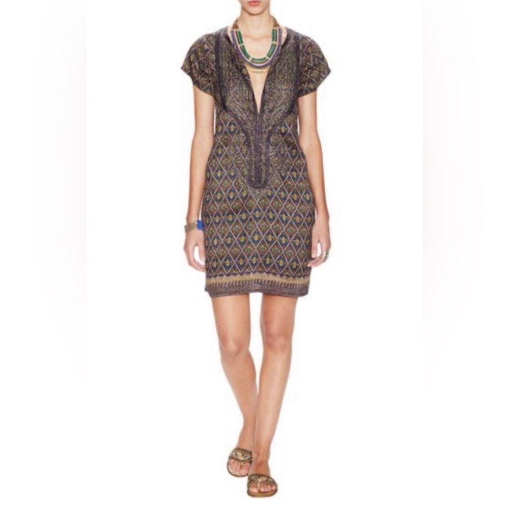 Calypso St. Barth Fran 100% Silk Shift Dress Medium - Gold Purple Green - Beaded